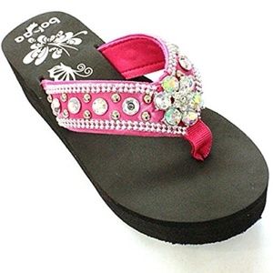 Beaded Flip Flops Rhinestone Flower Fuchsia NEW